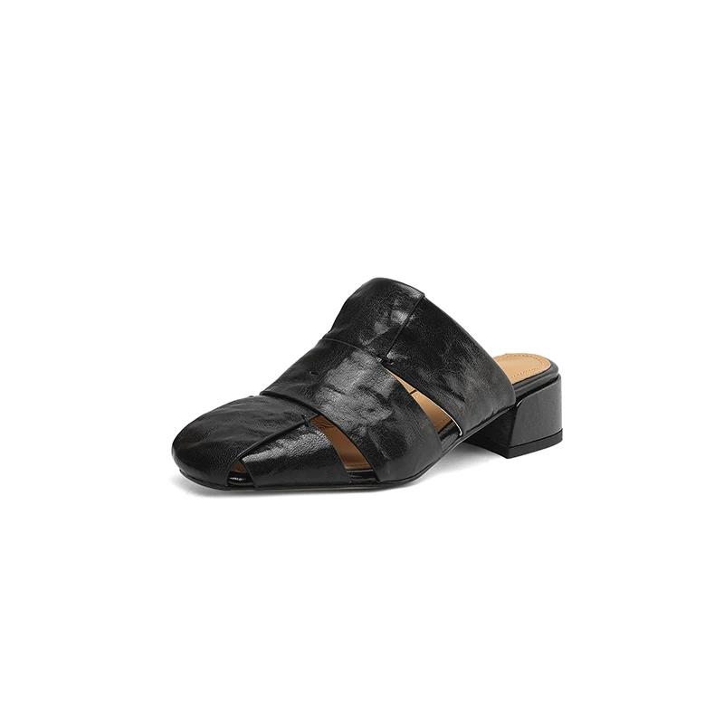 Fashion 2025 Outside Summer Women Mules Genuine Leather Women Shoes Cover Toe Chunky Heel Slippers Square Toe Hollow-out Modern Slippers