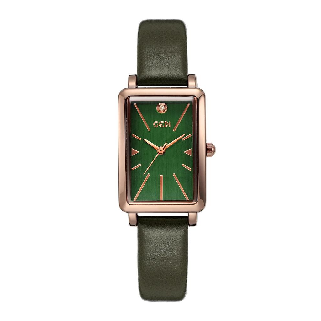 Gedi Rose Gold Small Quartz Watch with Silver Dial & Black Leather Strap