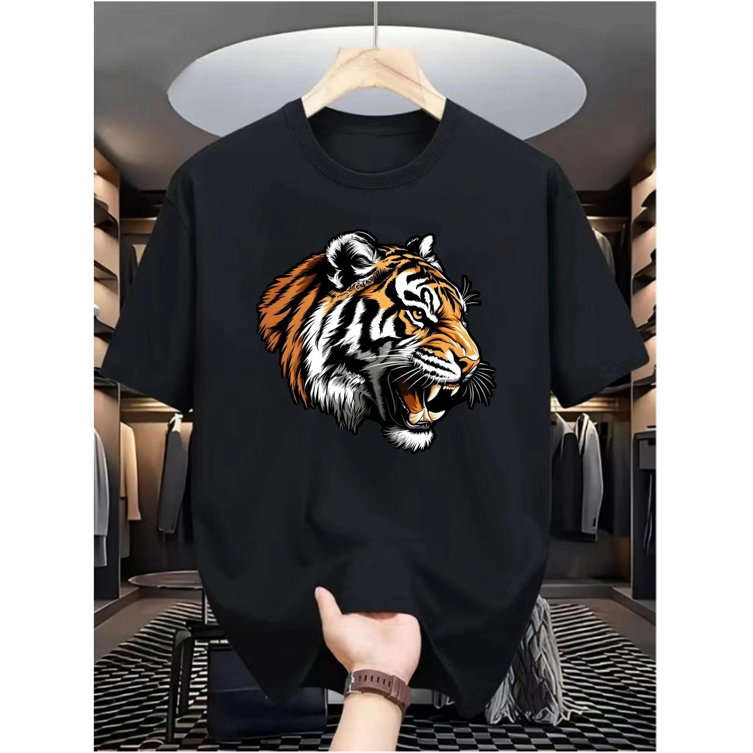 

Tiger Graphic Print Mens Cotton T-Shirt Summer O-neck Short-sleeved Tee Tops Unisex Casual Tshirts Oversized T Shirts Streetwear S чёрный