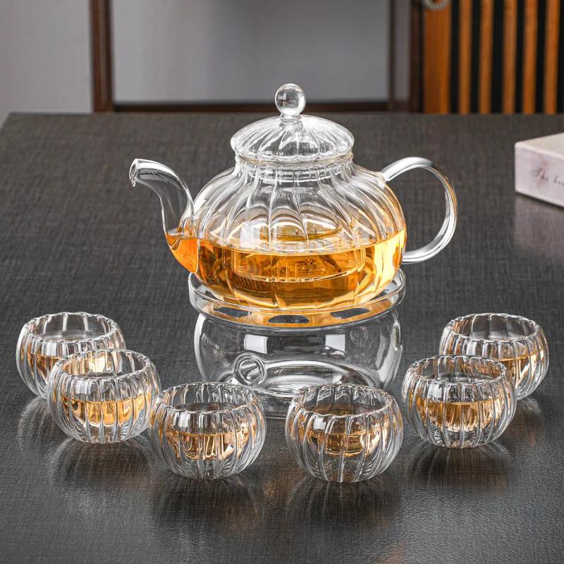 Flower Tea Pot Heat Resistant Glass Striped Pumpkin Filter Inner Tank Soaking Home and Kitchen Supplies