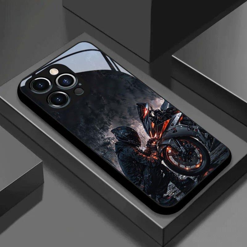 Motorcycle pattern tempered glass phone case suitable for iPhone 17 16 15 14 13 12 11 Pro/Max/Plus anti drop and shockproof