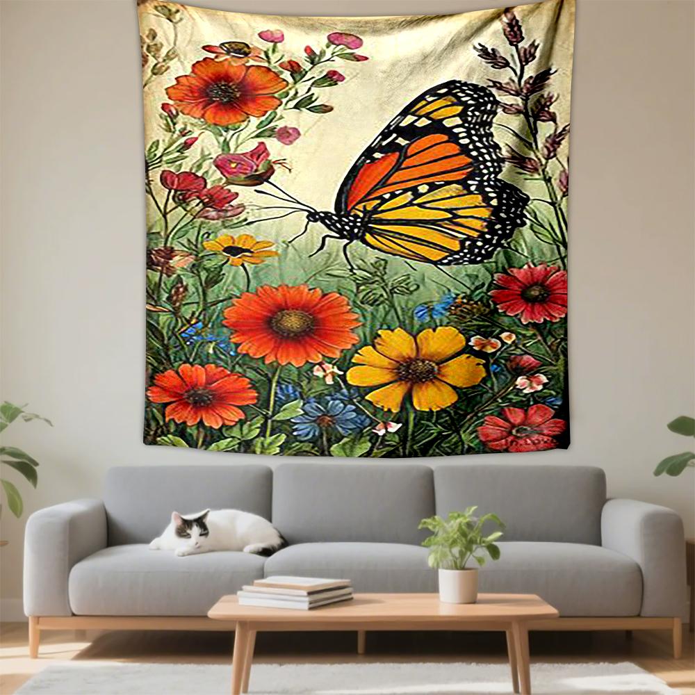 Colorful Butterfly on Floral Meadow Patterned tapestry for bedroom and living room home decor
