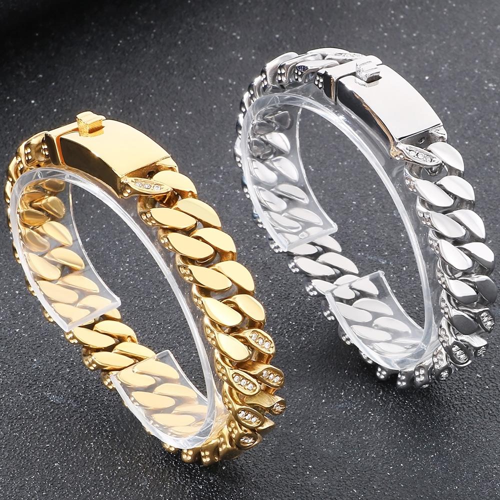 316L Stainless Steel 12MM Width Cuban Chain Bracelet for Men Hiphop Men's Bracelets With CZ Birthday Jewelry Gifts for Boyfriend