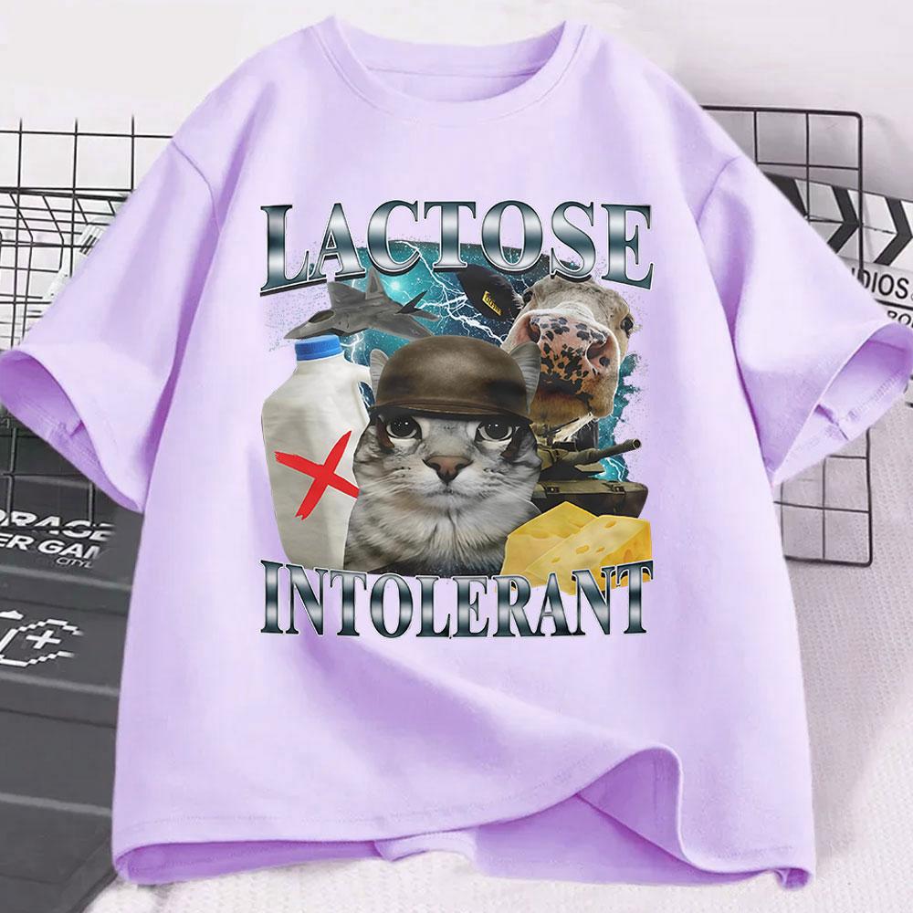 Lactose Intolerant Funny Cat Meme T-Shirt Men Women Retro Fashion Short Sleeve T-shirts Cotton Casual Cozy Oversized T Shirts