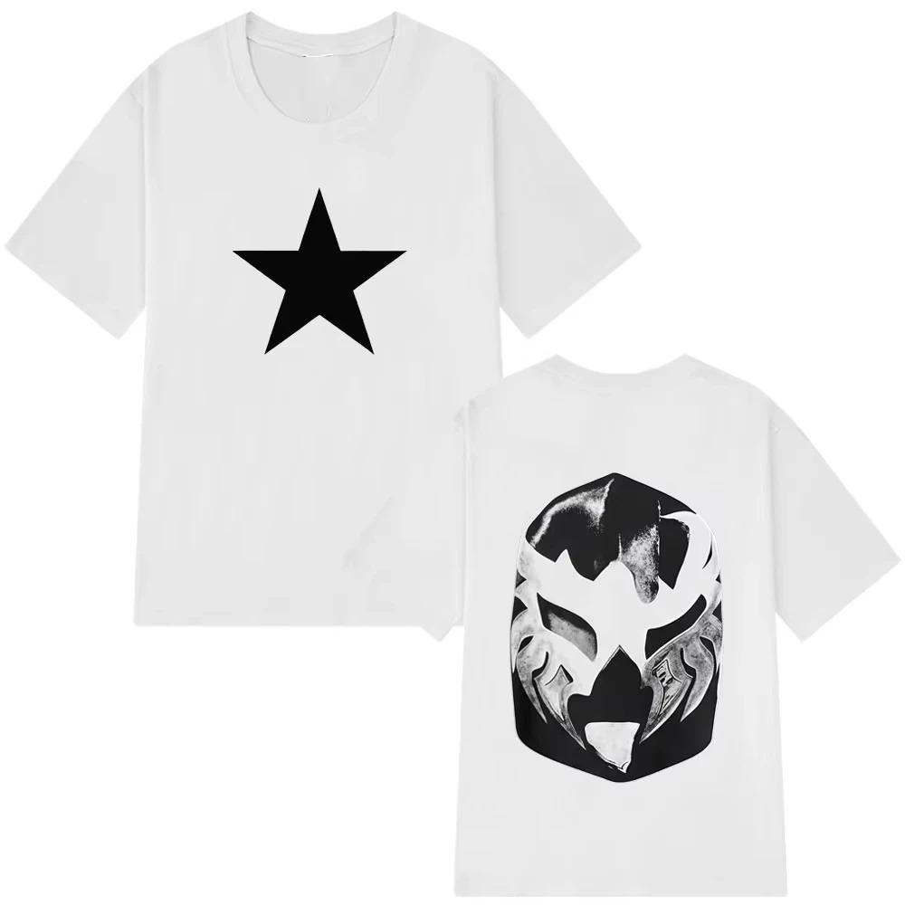 Oversized Black Cotton Casual Streetwear T-Shirt with White Star Print on Front and Lucha Libre Mask Graphic