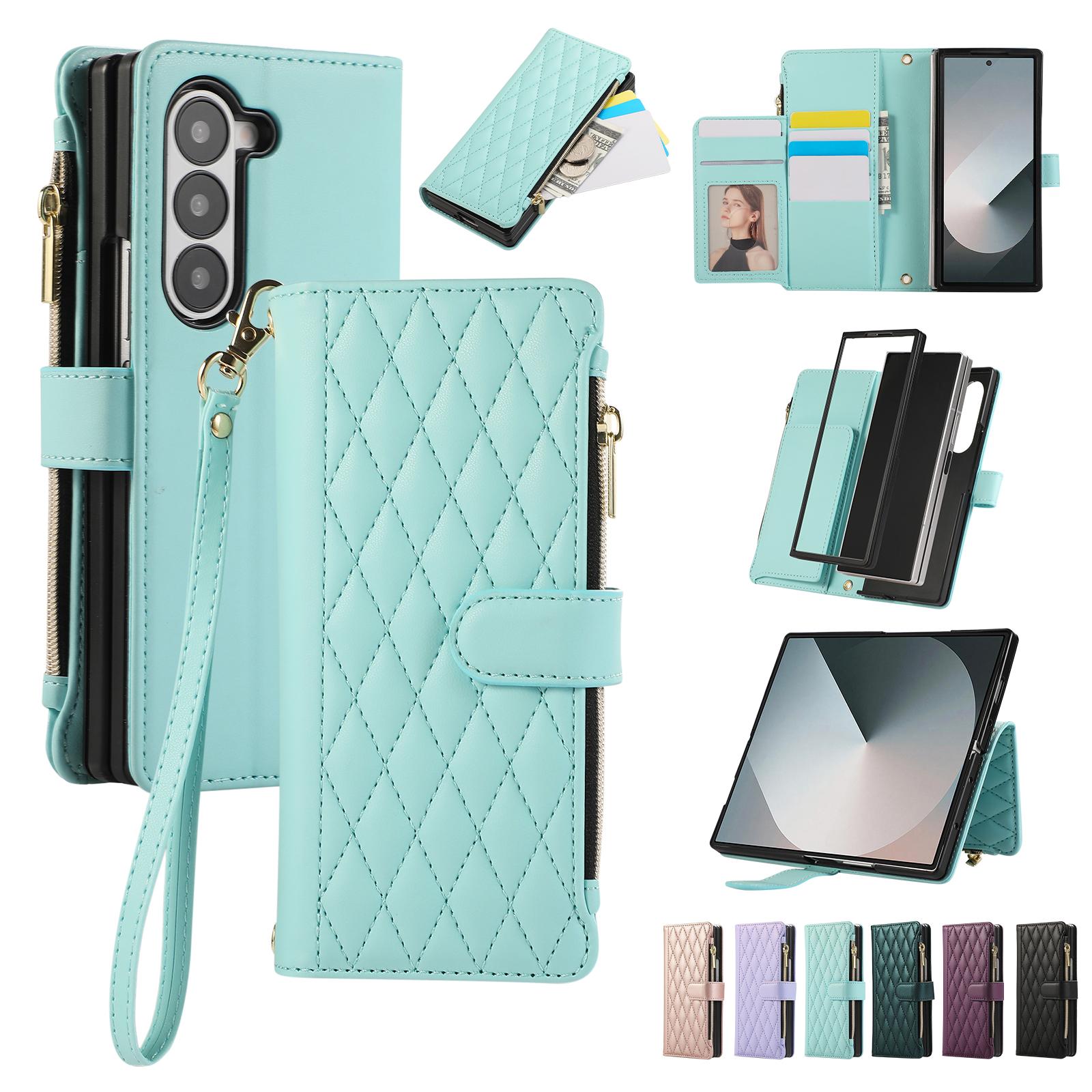 

Crossbody Zipper Card Solt Fragrant Leather Wallet Case For Samsung Galaxy Z Fold 6 5 4 3 5G Fold6 Fold5 Bag Lanyard Strap Cover For Samsung Z Fold 6 небесно-голубой