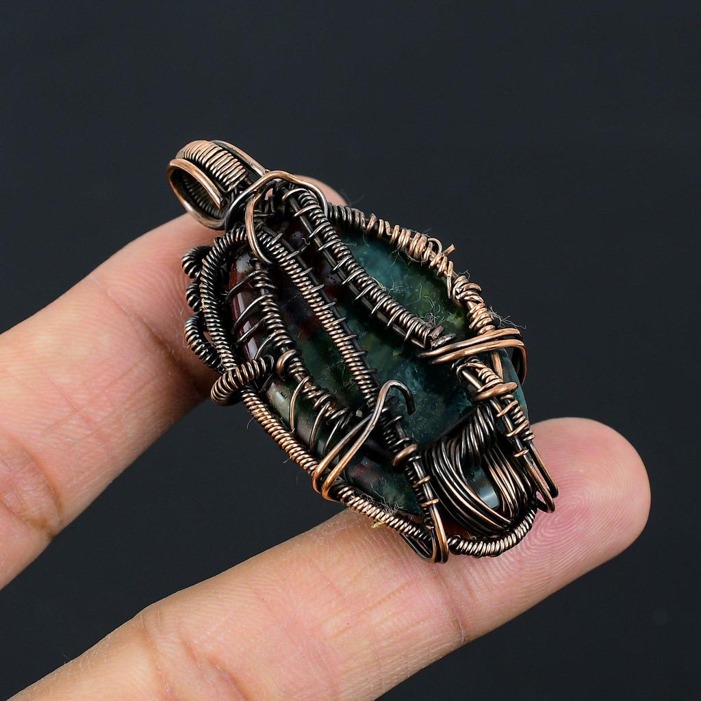 Elegant Indian Moss Agate Gemstone Pure Copper Wire Wrapped Handmade Pendant Jewelry