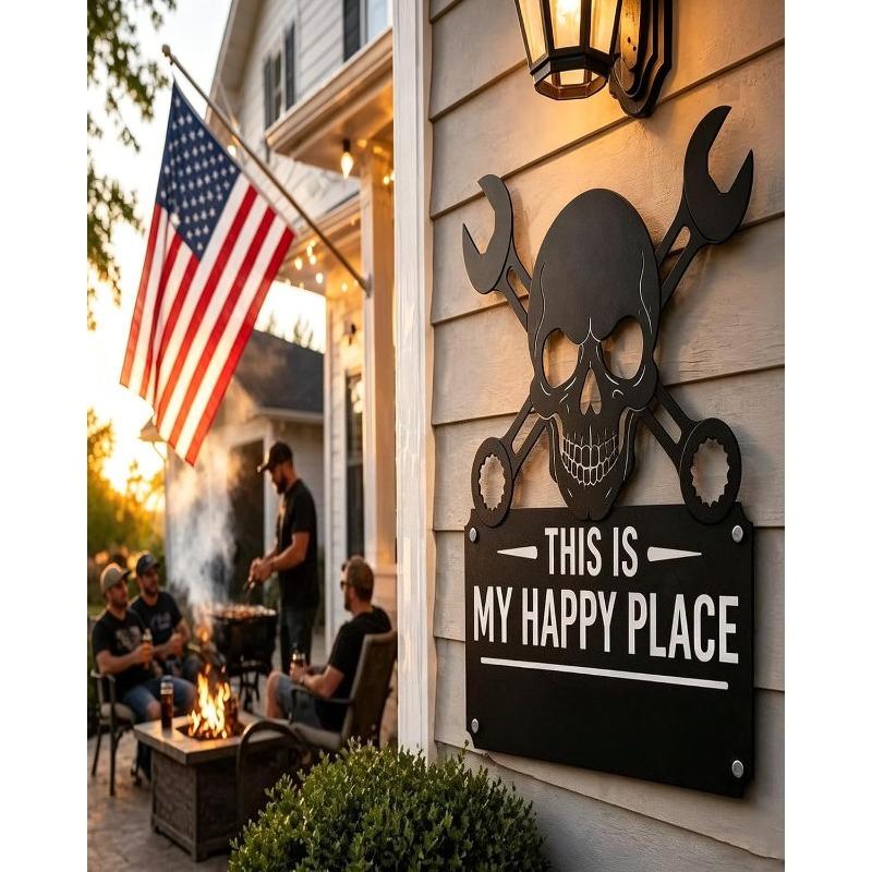 Funny Garage Metal Sign “This Is My Happy Place Don’t Mess It Up” Skull  Crossed Wrenches Wall Decor, Black Metal Sign for Garage, Man Cave, Workshop,