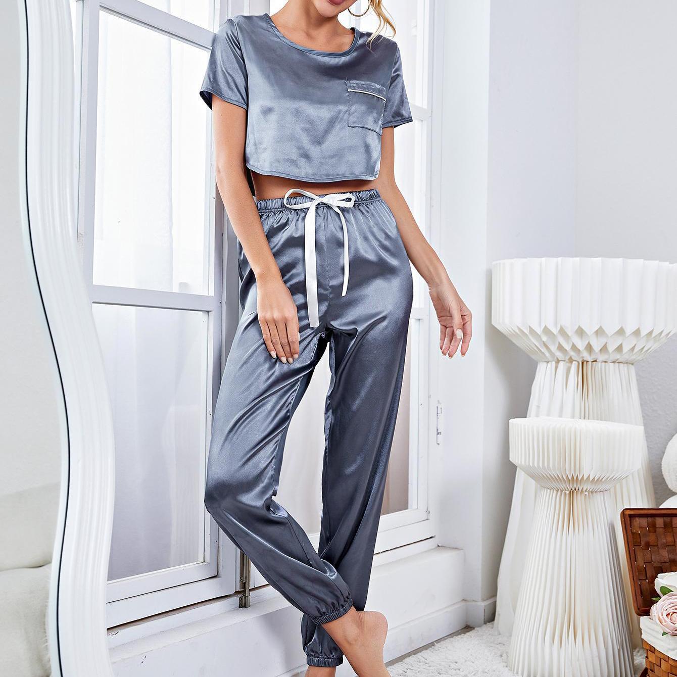 

Женские пижамы из атласа с короткими рукавами, топ с круглым вырезом, длинные брюки для бега, спальный костюм, комплект из 2 предметов, одежда для отдыха, весна-лето, домашняя повседневная одежда для сна S синий