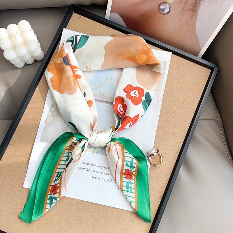 Korean Version of Spring Versatile Flower Small Square Scarf Small Fresh Chest Wrap Headscarf Decorative Scarf Neck Small Scarf Small Silk Scarf