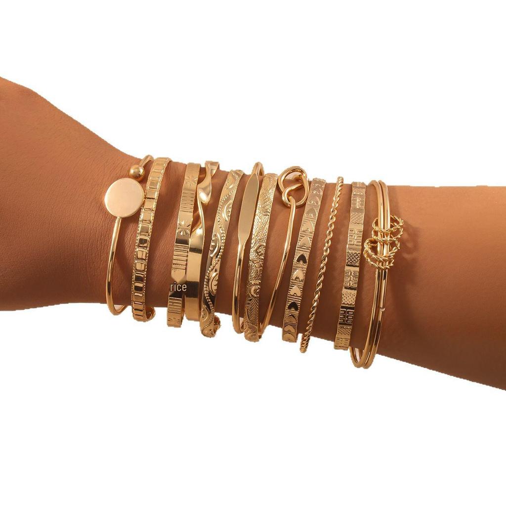 Women's Geometric Pattern Metal Bracelet Set - 12 Pieces, Ancient Craftsmanship, Summer Collection.