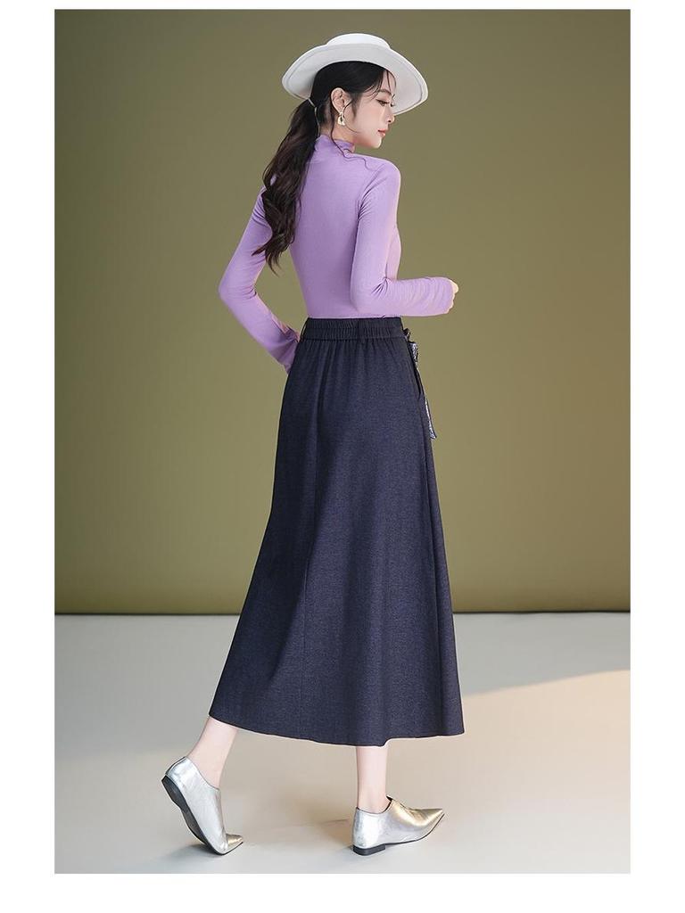 Autumn Silk Scarf Bow A-Line Pleated Skirt for Women