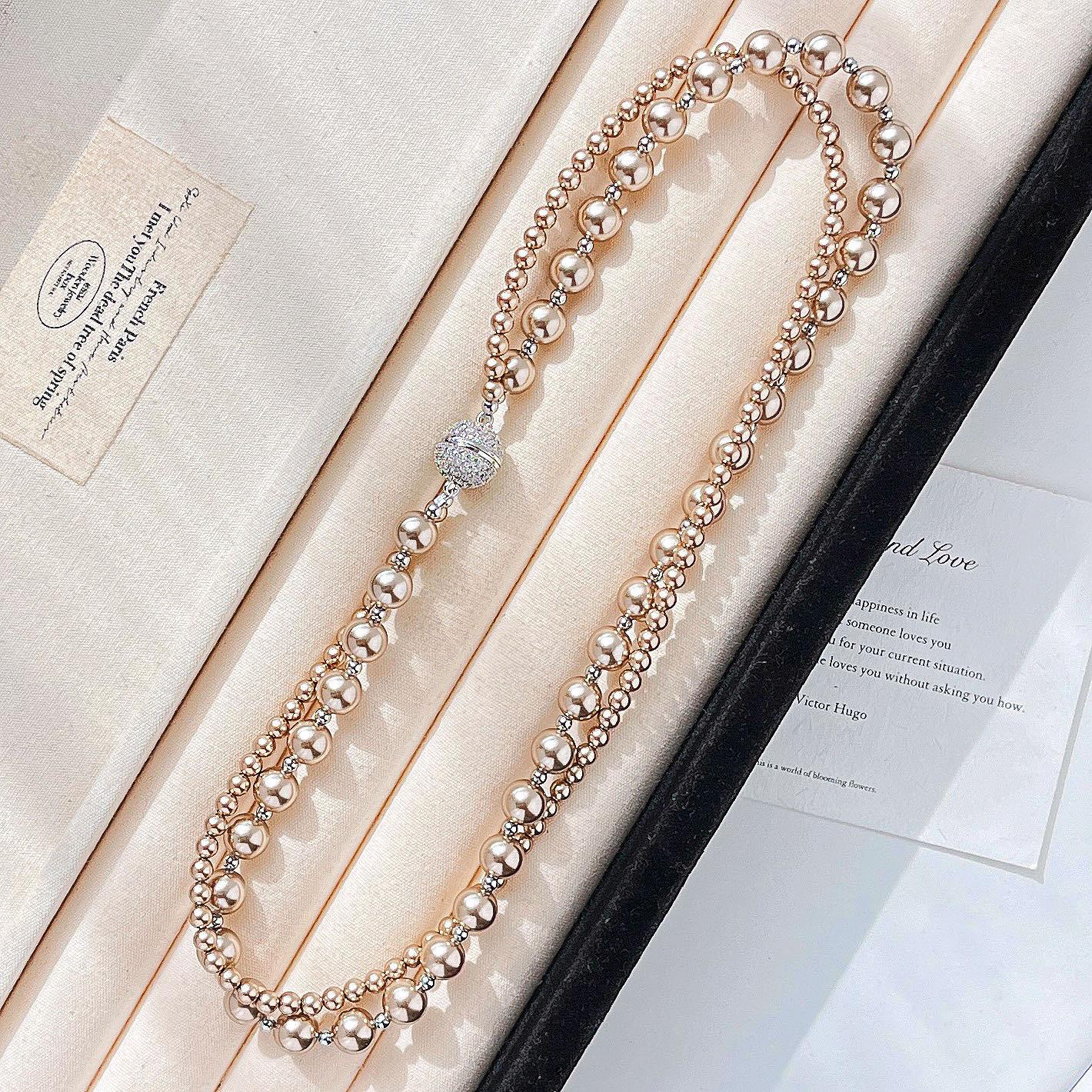 

High Quality Maillard Brown Double Wrap Faux Crystal Pearl Necklace Neck Chain Sweater Chain Women