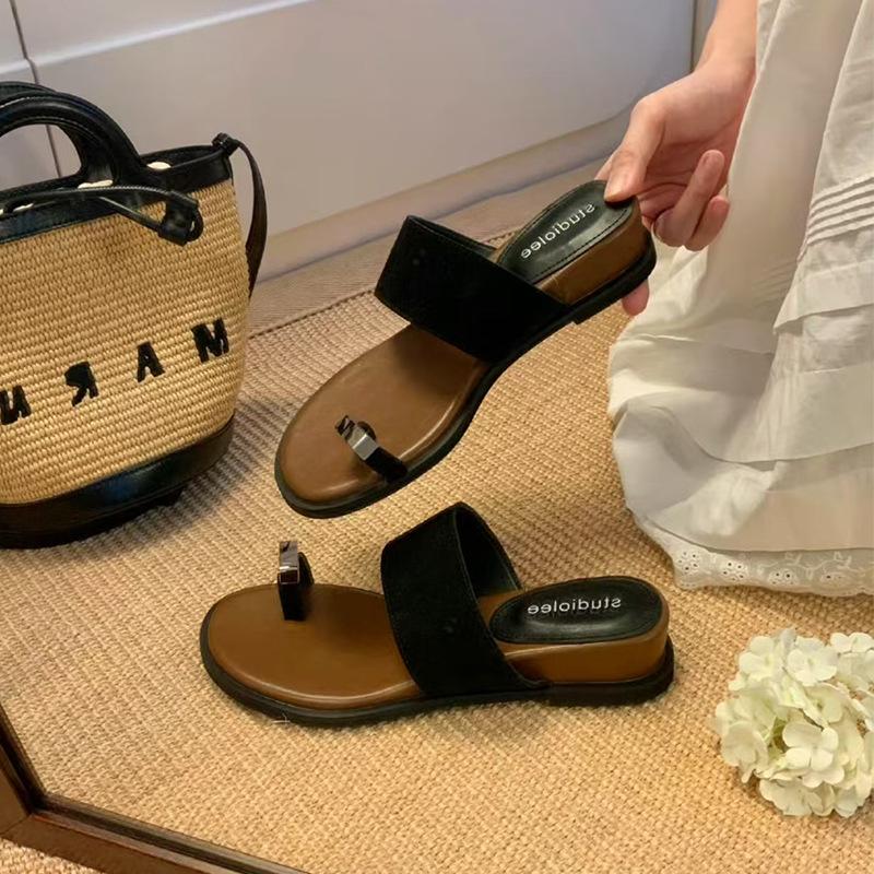 YinMan~ French Set of Toe Slope Heel Cool Slippers Summer Wear Holiday Beach Heightening Toe Slippers Flat Bottom