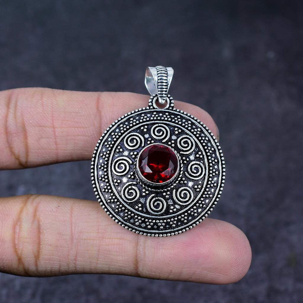 Natürlicher Granat Edelstein Handgefertigter 925 Sterling Silber Schmuck Anhänger 1,75" B3m78