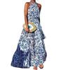 Popular Bohemian neck high waist sleeveless medium and long pleated floral long dress dress
