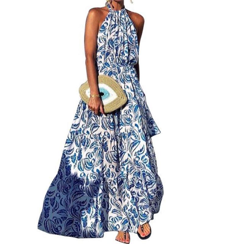 Popular Bohemian neck high waist sleeveless medium and long pleated floral long dress dress