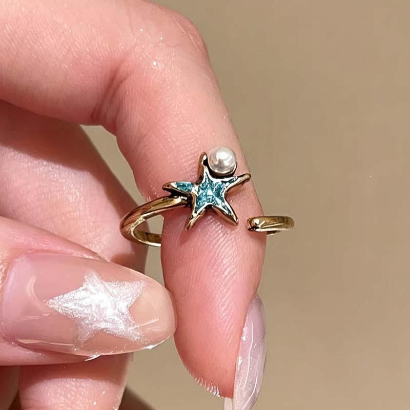 Retro Starfish & Seashell Pearl Enamel Ring for Women - Stacking Finger Accessory