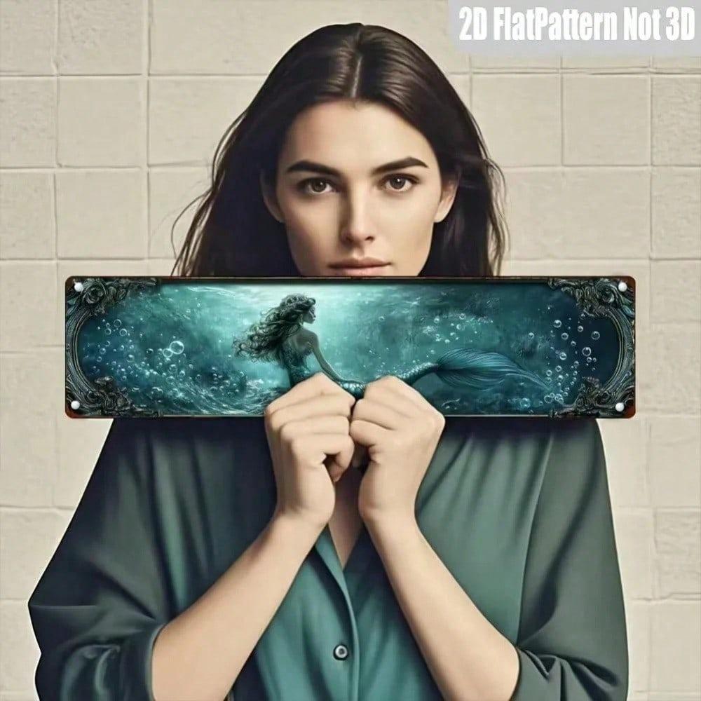 Retro Mermaid Seashell Metal Wall Sign, 3.94x15.74 Inch Flat Iron Decor, Vintage Rustic Coastal Art for Bathroom