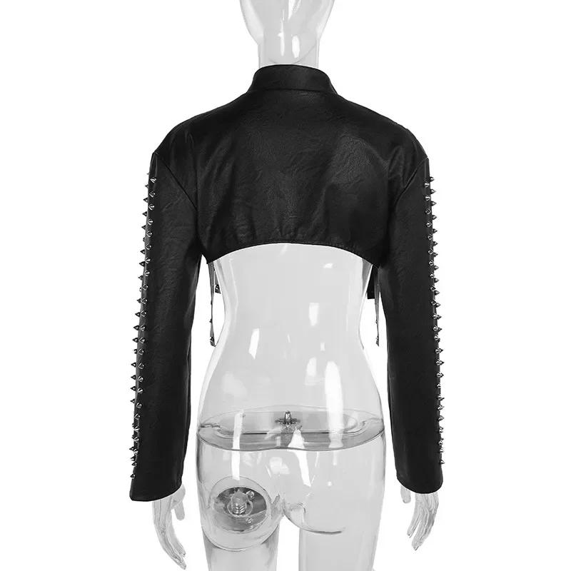 Punk Faux Leather Cropped Jacket Women Spring Streetwear Sexy Slim Fit Rivet PU Blouse Top