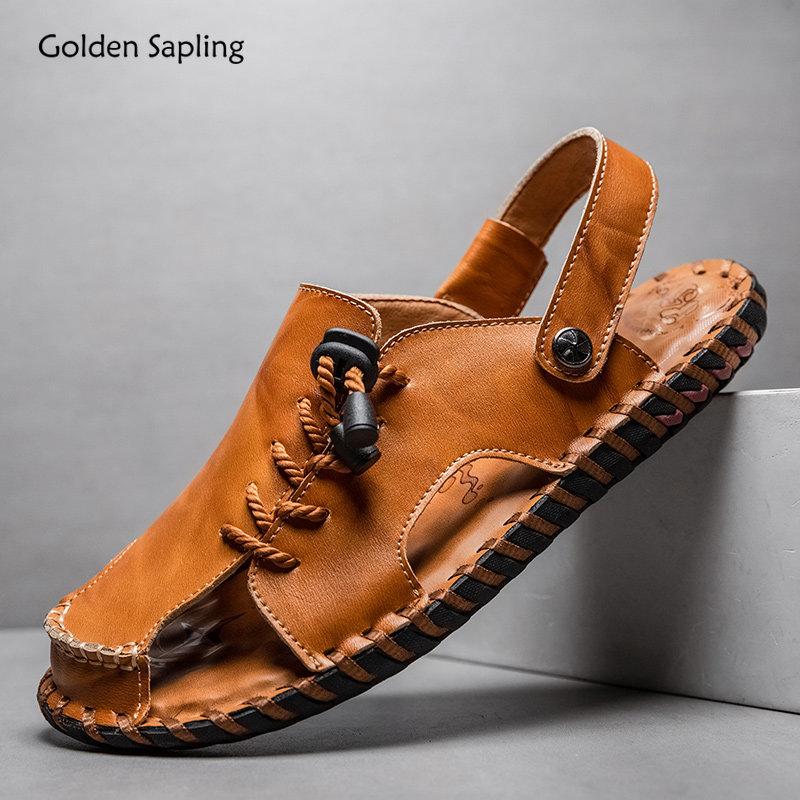 Golden Sapling Summer Men's Sandals Genuine Leather Beach Shoes for Men Breathable Leisure Footwear Platform Casual Flat Sandals
