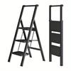 3 Step Folding Ladder with Handrail, Non-Slip Household Ladder, Folding Step Ladder for Household, Office, Portable and Sturdy, Black
