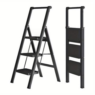 3 Step Folding Ladder with Handrail, Non-Slip Household Ladder, Folding Step Ladder for Household, Office, Portable and Sturdy, Black