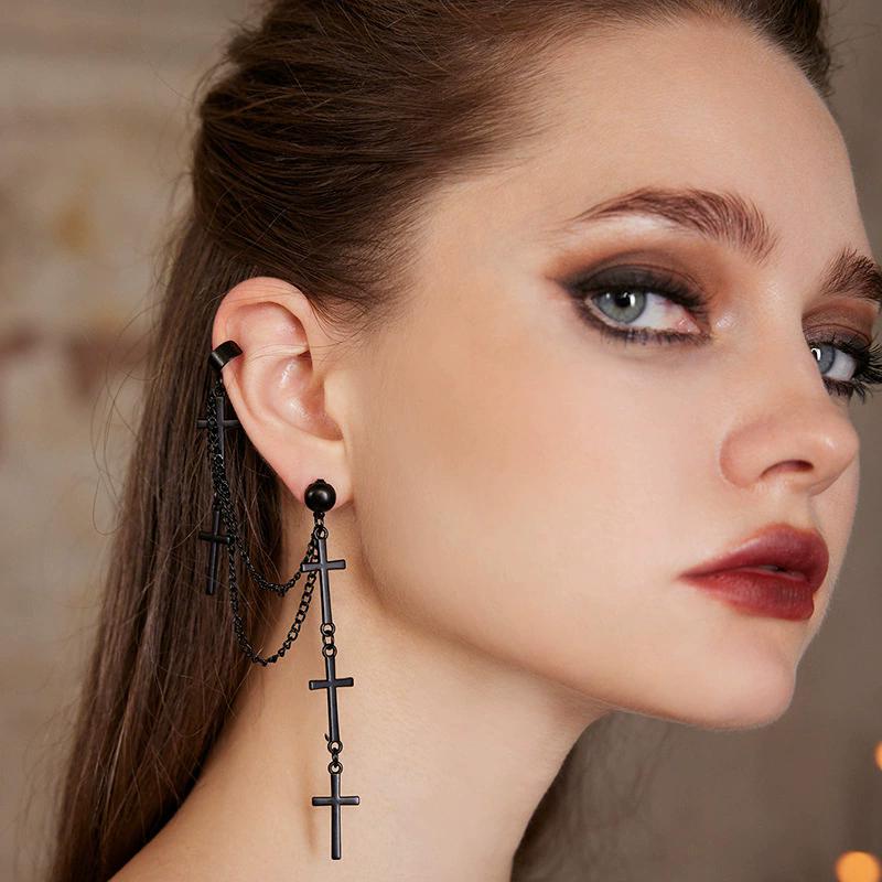 Punk Black Cross Long Tassel Earrings Gothic Double Layer Chain Cuff Earrings For Women Party Jewelry
