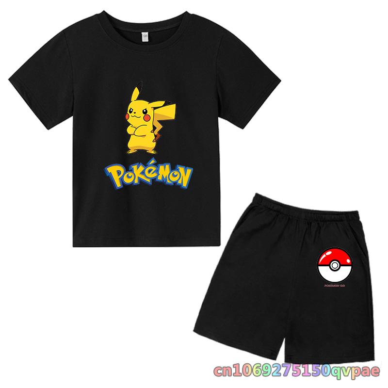 Children's Clothes Cartoon Summer Kids Animal Pokemon T-shirt Set Boys' Clothing  Leisure Cotton Pikachu Print Short Sleeve