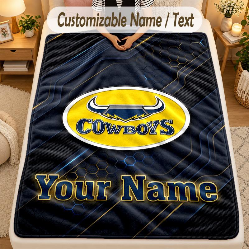Flannel BlanketNorth Queensland Cowboys Custom Name Text Personalized Soft Warm Throw Blanket Home Decor Gift
