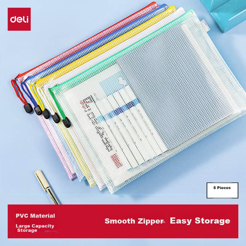 Deli 5-Pack A4 Transparent Colored Zipper File Bags Student Subject Classification Document Protection 33414 Random Colors