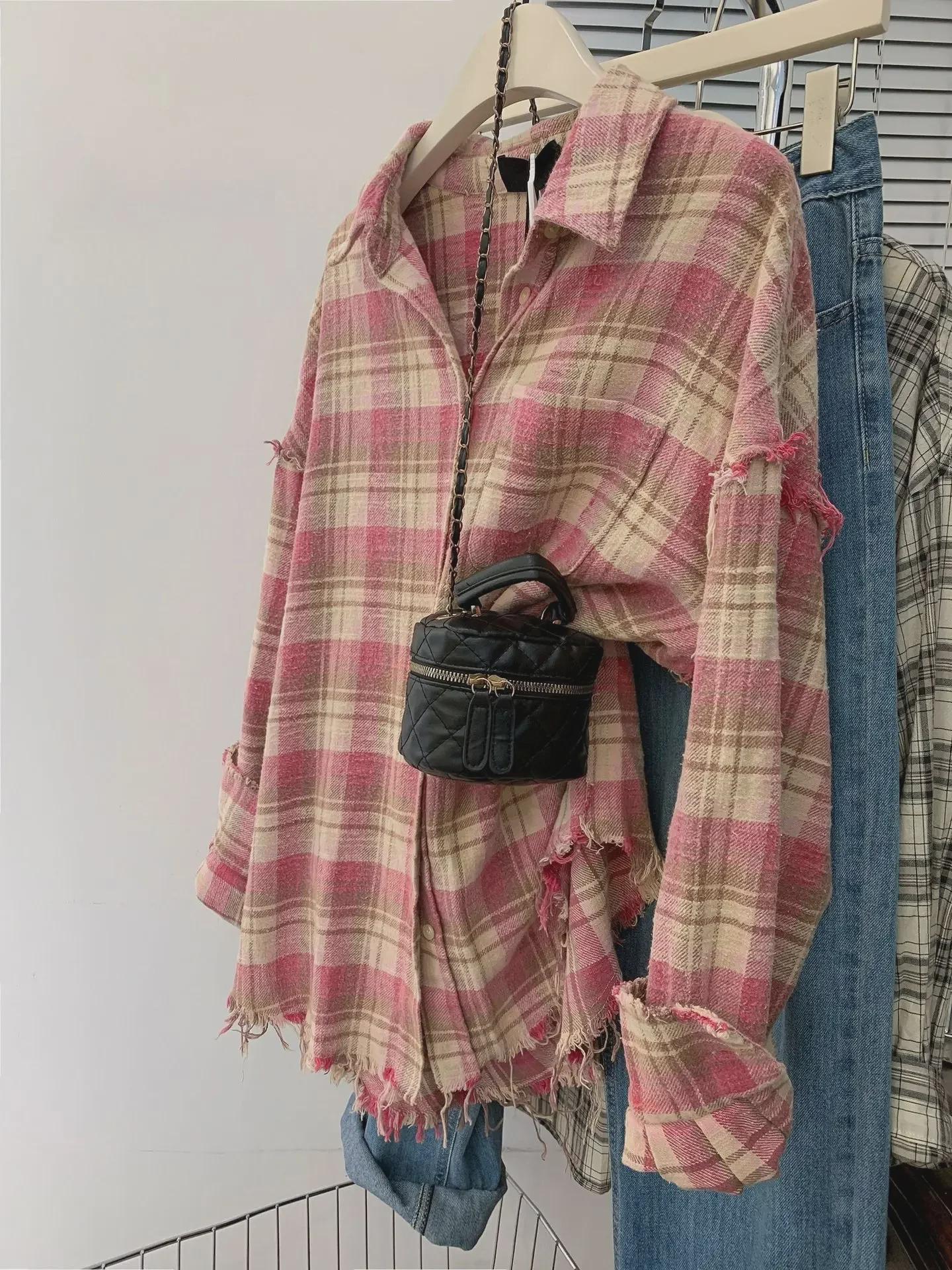 

Женская куртка-рубашка в стиле ретро с длинными рукавами розового цвета в клетку — ленивый стиль на осень 2024/весну S розовый