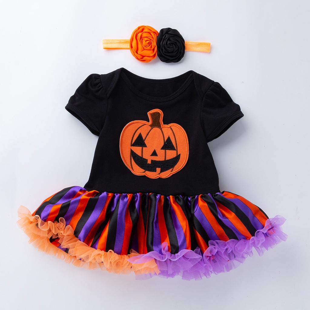 Dziewczęcy Zestaw Ubraniowy 2PC Sukienka z Krótkim Rękawem i Nadrukiem Dyni oraz Spódniczka Tiulowa z Opaską na Głowę Strój na Halloween