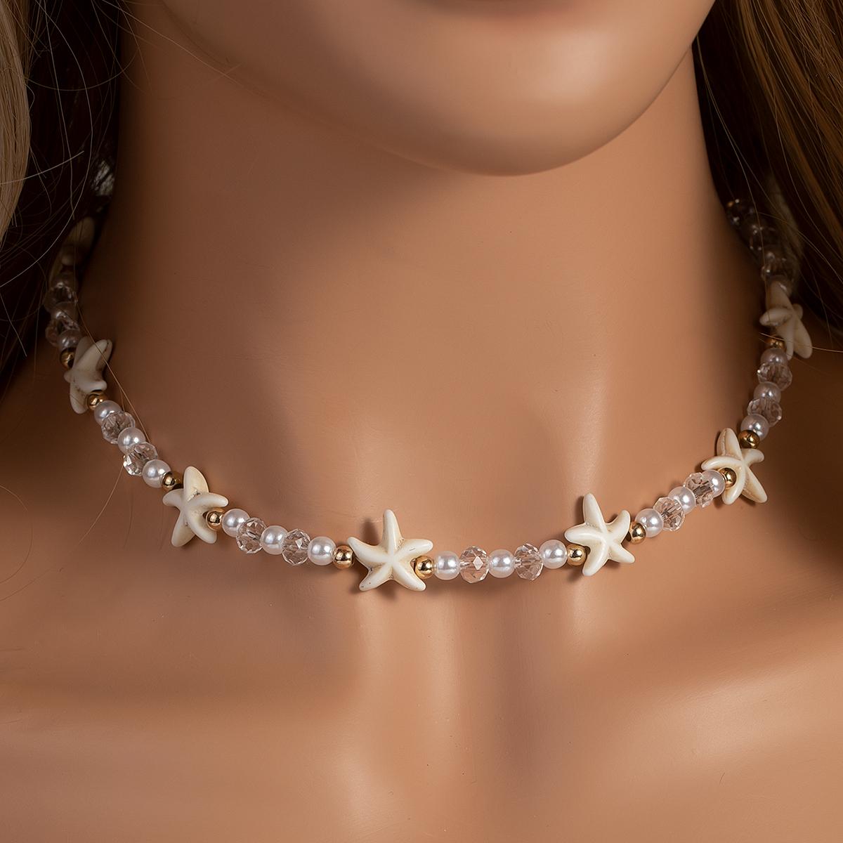 

Fashionable and minimalist turquoise starfish mixed with pearl black bead neck women s necklace, versatile for daily use