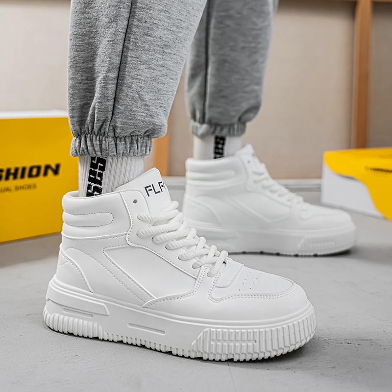 PU Leather Footwear Men Casual Shoes High Top White Breathable Footwear Shock-absorber Platform Hidden Increasing Sneakers