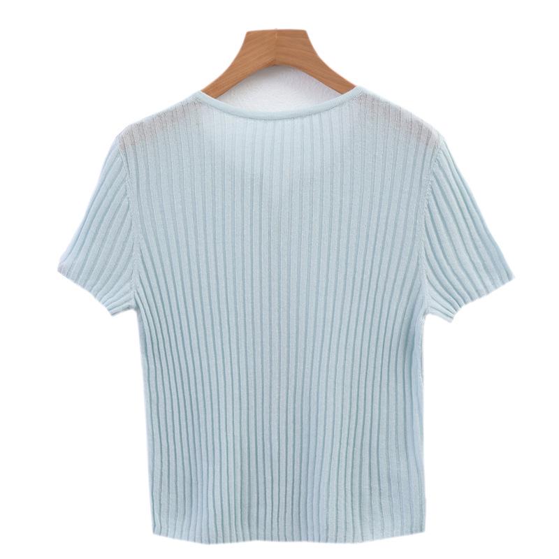 Summer Women's Tencel Lyocell Striped Cardigan Scissor Collar Knit Top