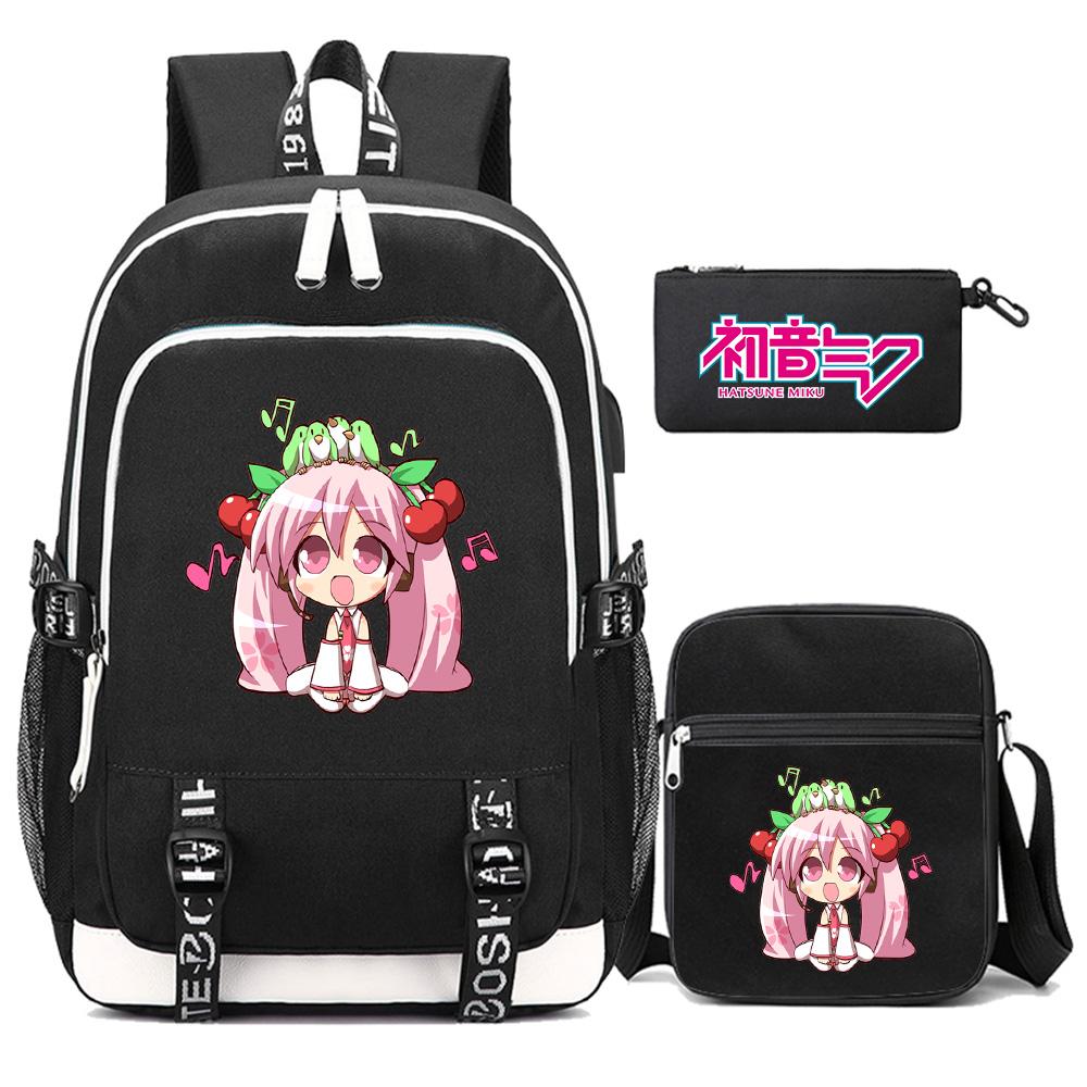 3 Stück/Set Anime Cartoon Hatsune Miku Bedruckter Rucksack Große Kapazität Wasserdichte Schultasche Schüler Junge Mädchen Schultasche Outdoor Laptop Reisetasche Geschenk