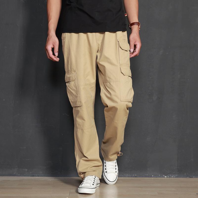 Mens Loose Fit Multi Pocket Cotton Cargo Pants For Casual Wear S хаки
