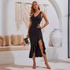 Summer Women Casual V Neck Sleeveless A Line High Waist Dress Solid Color Ruffle Hem Long Dresses Spring Fashion Sizes S XL