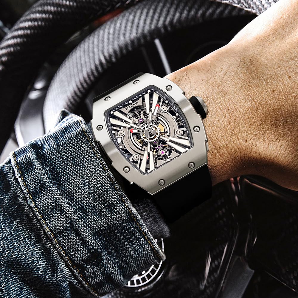 Haofa Automatic Skeleton Watch with 316L Stainless Steel Barrel and Tonneau Perfect for and Men's Case, Shape, Baseball, Business, Fashion.