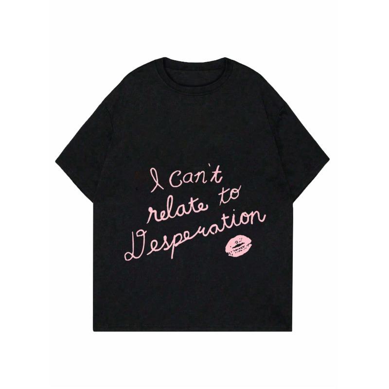 Black T Shirt I Cant Relate To Desperation Pink Text Lip Print Casual Wear For Women Everyday Outfit Street Style Fashion Top