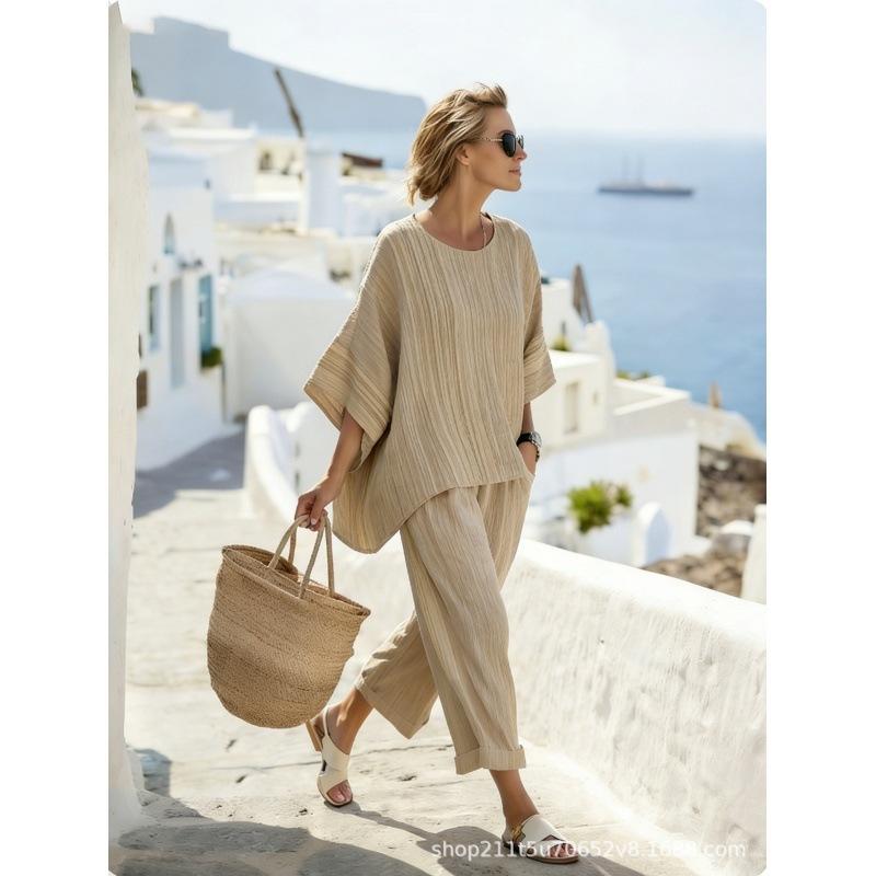 11161D printed bohemian round neck casual suit women's short-sleeved trousers two-piece set