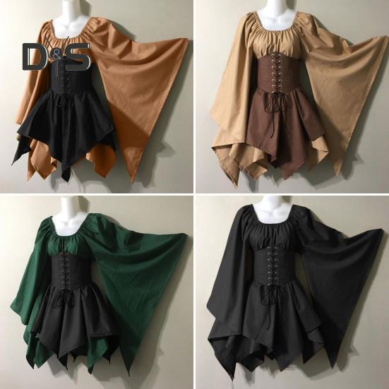 Women Long Sleeves Dress Medieval Vintage Fairy Elf Costume Bell Sleeve Retro Waist Cinching Patchwork Dress for Halloween Cosplay