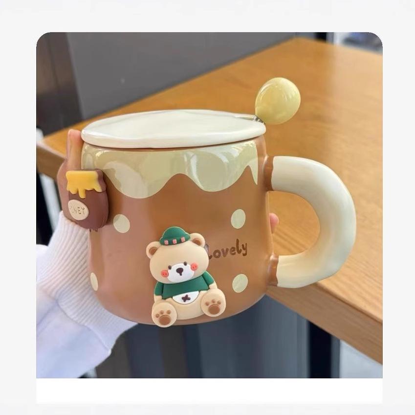 High Value Mug with Lid Spoon Cartoon Bear Ceramic Cup for Girls Birthday Gift High end Office Water Cup