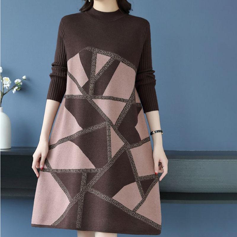 Autumn Winter Women's Plus Size Sweater Dress Loose Pullover Color-Block Knit Midi Dress Thick A-line Sweater Dress