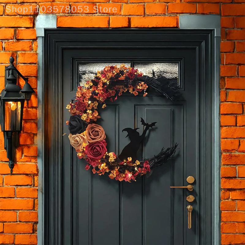 Halloween Crescent Moon Cat Wreath Gothic Garland Decor Handmade Artificial Halloween Door Hanging Decor Halloween Decor Supply