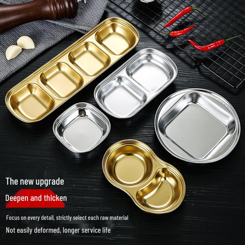 Golden Korean-Style Dual & Triple Compartment Stainless Steel Dipping Sauce Dish