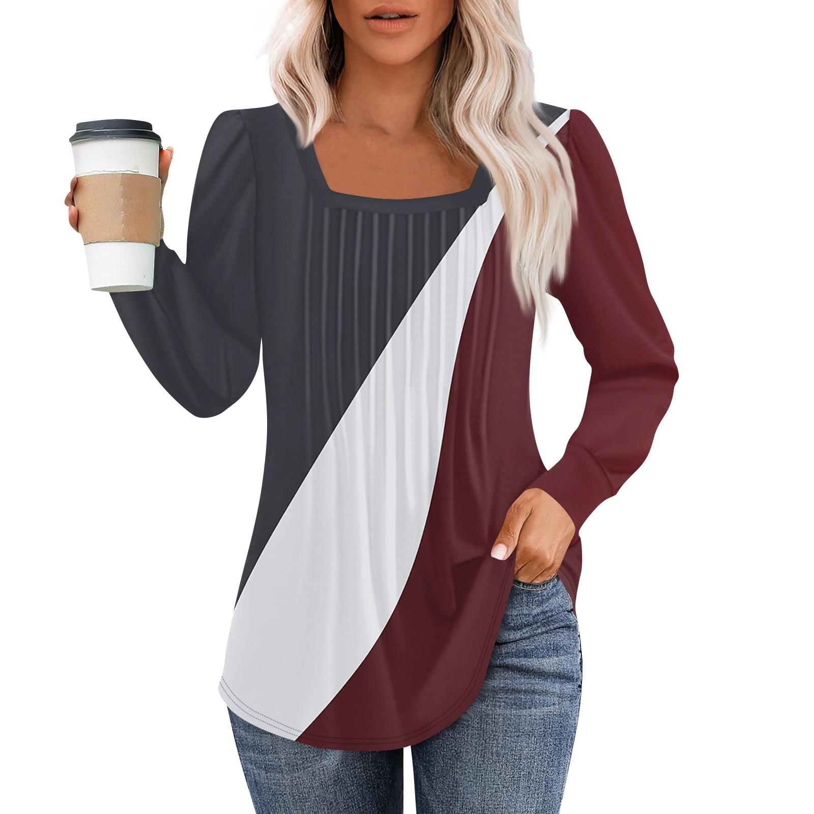 

Жіночі сорочки з довгим рукавом. Одягнені повсякденні блузки. Плісе. Туніки з квадратною горловиною. XL винний