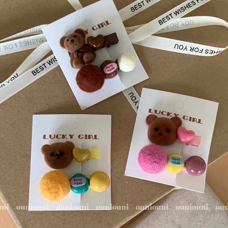Korean Flocked Teddy Bear Snap Clips - Cute Colorful Felt Ball Hair Clips for Babies & Kids