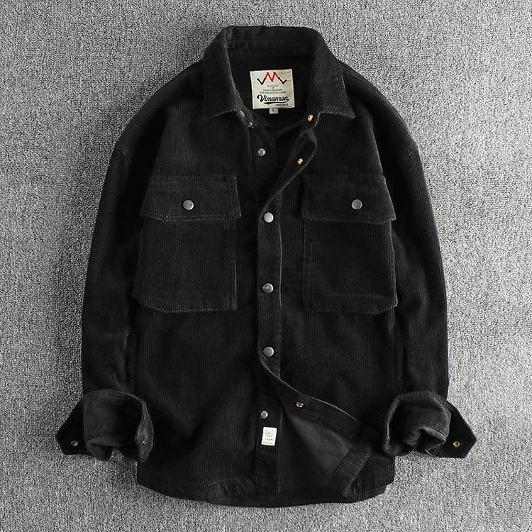Herren Winter Vintage Einfaches Cordhemd Einfarbig Langarm Große Tasche Freizeitjacke